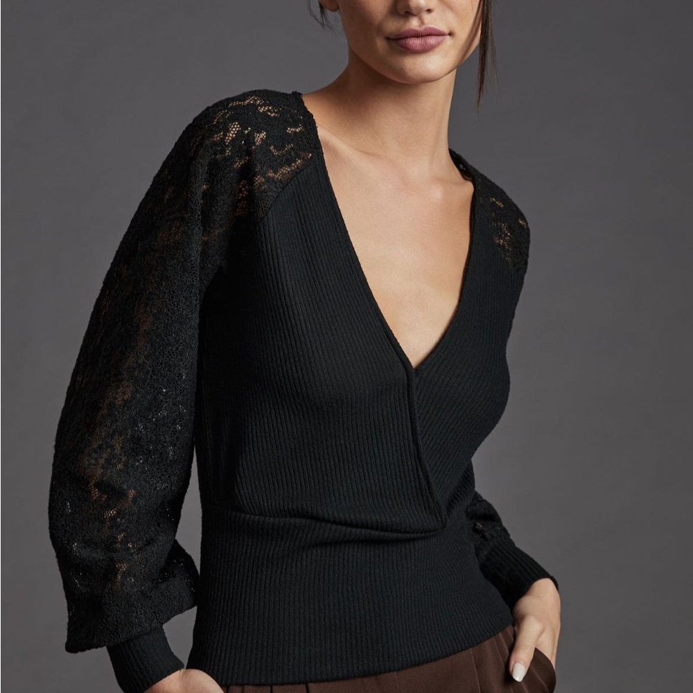 NWT Anthropologie Black Wrap Top with Lace Sleeves -L